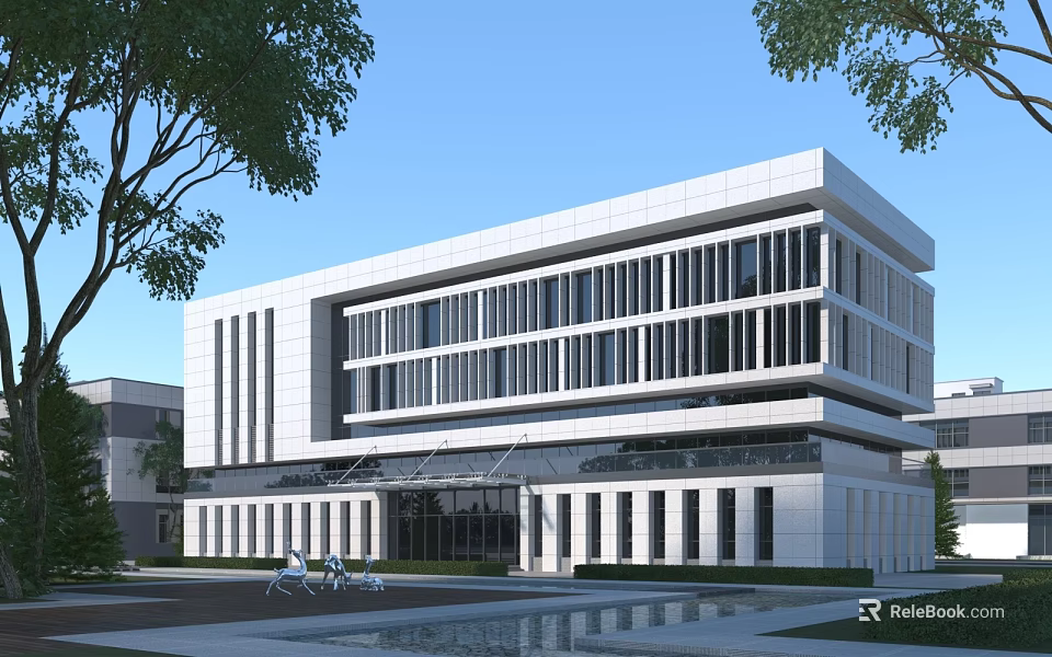 Modern White Office Building With Large Glass Windows Surrounding Trees And Reflection Pool 3d model 