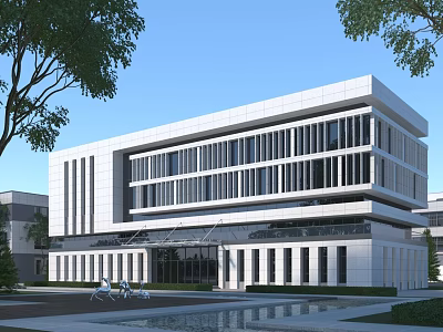 Modern White Office Building With Large Glass Windows Surrounding Trees And Reflection Pool 3d model
