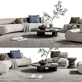 Modern Sofa And Coffee Table Set With Decorative Pillows Throw Blanket And Potted Plant 3d model