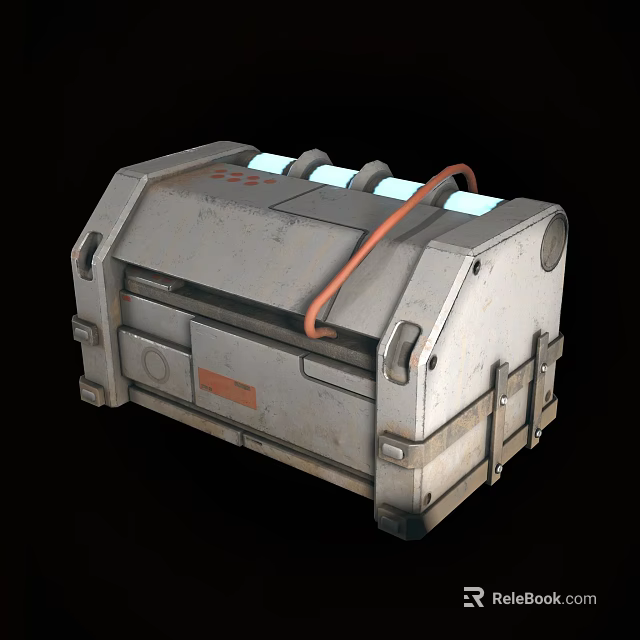 Industrial Equipment Metal Container With Orange Piping White Strips And Metal Latches 3d model 