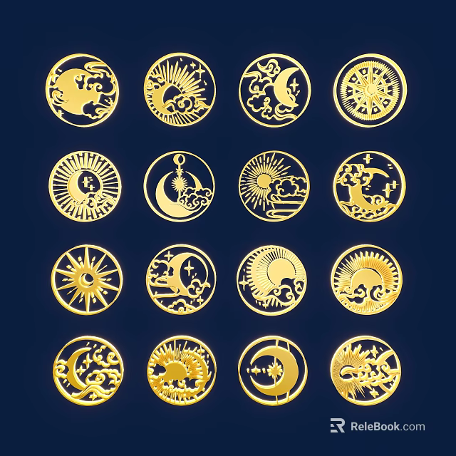 Golden Circular Sculpture Carvings With Sun Moon Cloud Patterns Arranged On Dark Blue Background 3d model 