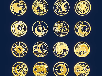 Golden Circular Sculpture Carvings With Sun Moon Cloud Patterns Arranged On Dark Blue Background 3d model
