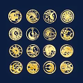 Golden Circular Sculpture Carvings With Sun Moon Cloud Patterns Arranged On Dark Blue Background