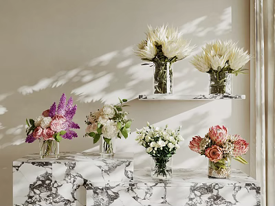 Transparent Glass Vases Holding Various Colored Flowers On Marble Shelves And Pedestals 3d model