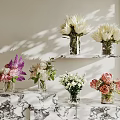 Transparent Glass Vases Holding Various Colored Flowers On Marble Shelves And Pedestals