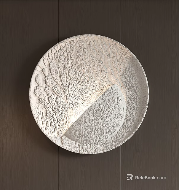 White Textured Round Wall Decor Hanging On Dark Wood Wall 3d model