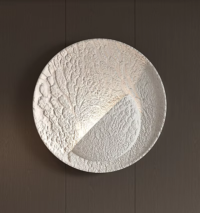White Textured Round Wall Decor Hanging On Dark Wood Wall 3d model