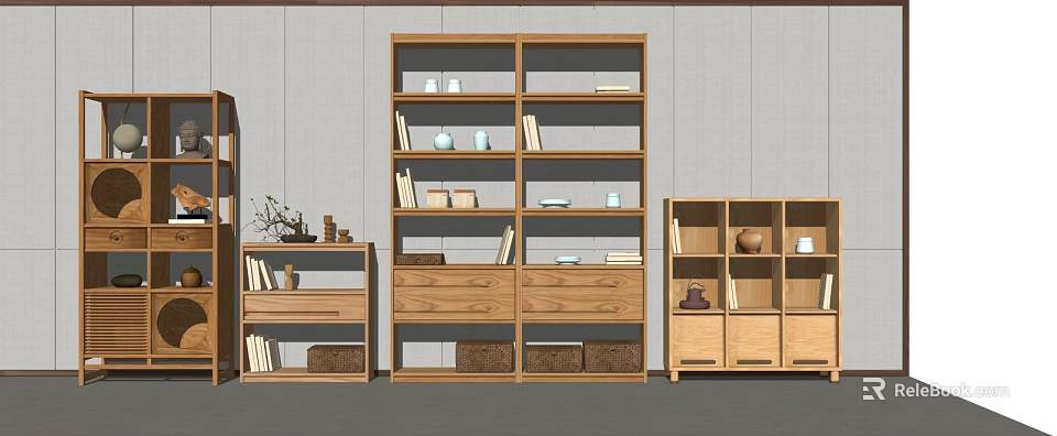 Natural Wooden Bookcases With Open Shelves Cabinet Doors Storage Baskets And Books 3d model 