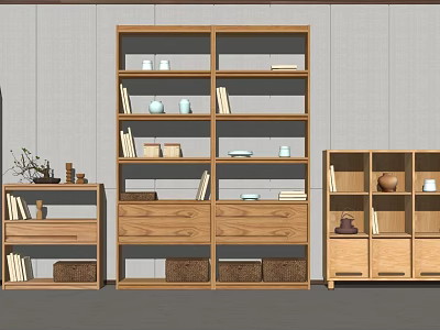 Natural Wooden Bookcases With Open Shelves Cabinet Doors Storage Baskets And Books 3d model