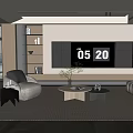 Modern Living Room Interior Design With TV Wall Shelves Armchair Coffee Tables Plants And Rug