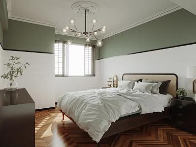 Modern Bedroom Interior With Green And White Walls Wooden Floor Chandelier Bed And Window Shutter 3d model