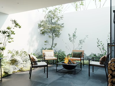Garden Landscape Design With Outdoor Courtyard Fire Pit Chairs Green Plants And Skylight 3d model