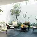 Garden Landscape Design With Outdoor Courtyard Fire Pit Chairs Green Plants And Skylight