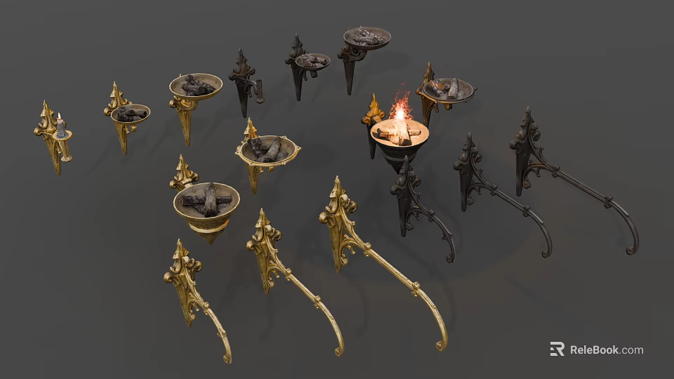 Vintage Metal Wall Sconces With Decorative Gold And Black Designs And Flame Accents 3d model 