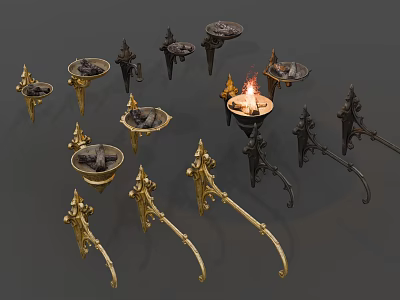 Vintage Metal Wall Sconces With Decorative Gold And Black Designs And Flame Accents 3d model