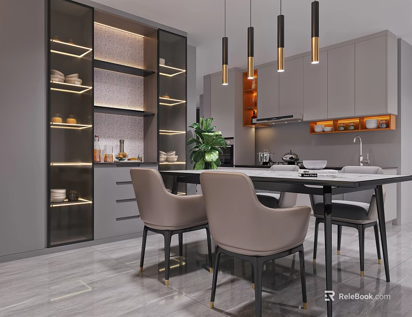 Modern Dining Kitchen Space With Gray Cabinets Pendant Lights And Dining Table 3d model 