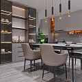 Modern Dining Kitchen Space With Gray Cabinets Pendant Lights And Dining Table 3d model