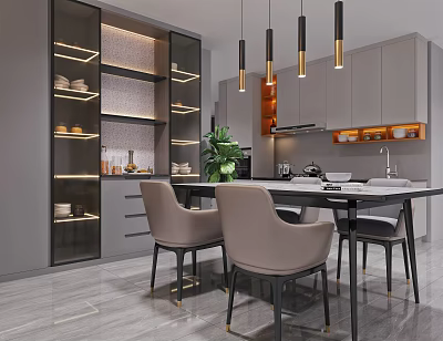 Modern Dining Kitchen Space With Gray Cabinets Pendant Lights And Dining Table 3d model