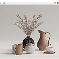 Modern Black Striped Vase with Dried Grasses Brown Pitcher White Jar Mugs