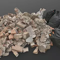 Pile Of Construction Debris With Black Garbage Bags Broken Stones And Waste