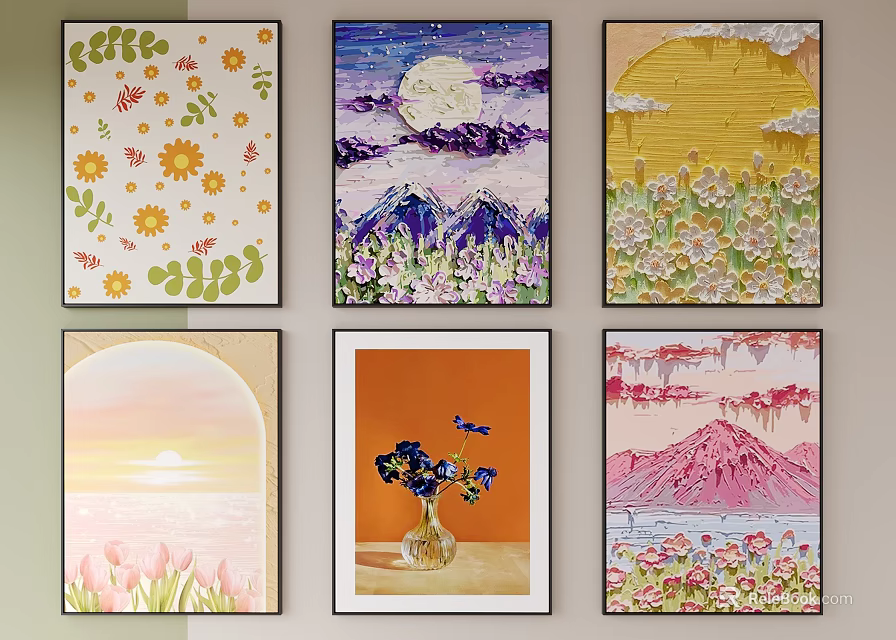 Vibrant Abstract Paintings Featuring Floral Designs Moonlit Mountains Sunset And Vase Elements 3d model 