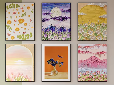 Vibrant Abstract Paintings Featuring Floral Designs Moonlit Mountains Sunset And Vase Elements 3d model
