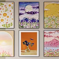 Vibrant Abstract Paintings Featuring Floral Designs Moonlit Mountains Sunset And Vase Elements
