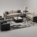 Modern Sofa And Coffee Table Set With Beige Upholstery Armchairs Patterned Rug And Table Lamp 3d model