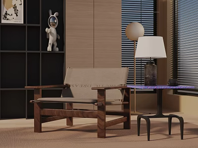 Modern Leisure Chair With Wooden Frame Fabric Cushion Side Table And Decorative Figurine 3d model
