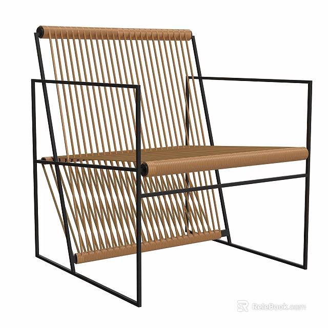 Modern Leisure Chair with Black Metal Frame and Rattan Woven Back Seat Design 3d model 