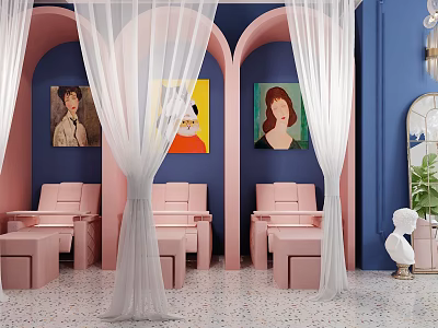 Stylish Beauty Salon Interior With Pink Arches White Sheer Curtains Blue Walls And Pink Furniture 3d model