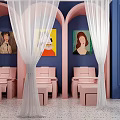 Stylish Beauty Salon Interior With Pink Arches White Sheer Curtains Blue Walls And Pink Furniture