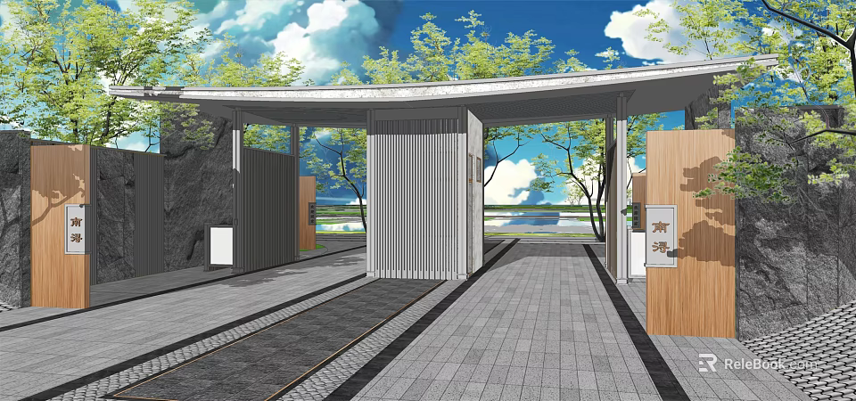 Modern Architectural Exterior Wall Featuring Stone And Wooden Elements With Curved Structure And Natural Landscape 3d model 