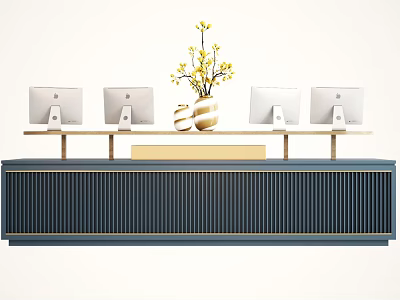 Modern Reception Desk with Computer Monitors and Yellow Flower Vase on Navy Blue Striped Panel 3d model