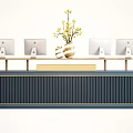 Modern Reception Desk with Computer Monitors and Yellow Flower Vase on Navy Blue Striped Panel