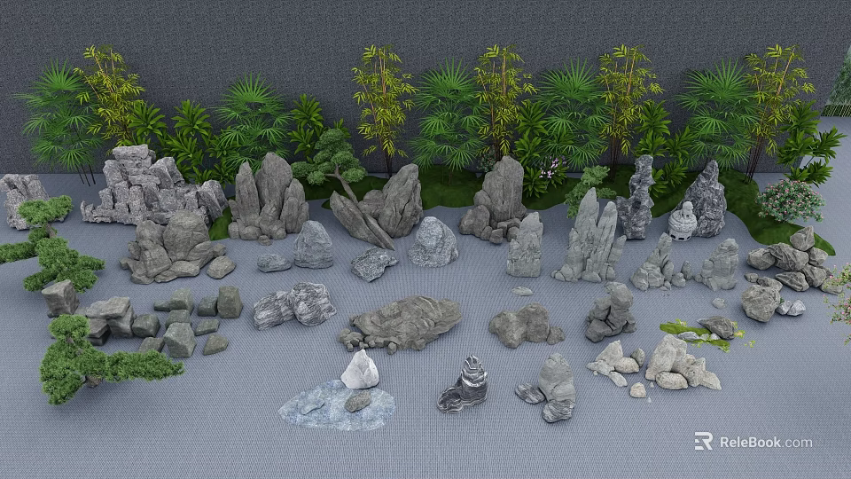 Assorted Stone and Wood Decorative Elements for Natural Garden Landscaping 3d model