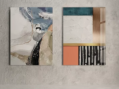 Modern Abstract Art Paintings On Gray Wall With Colorful Textures And Frames 3d model