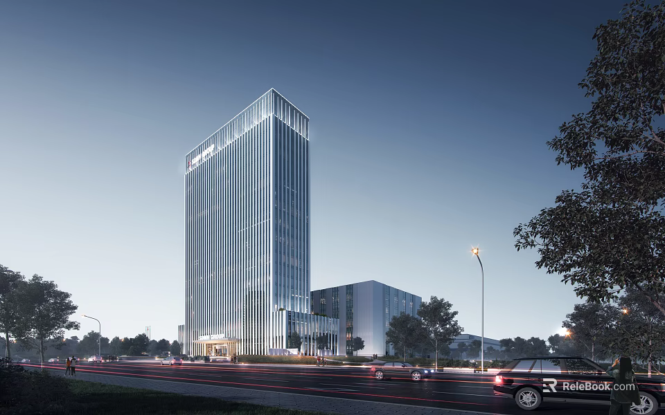 Modern Office Building With Glass Facade And Evening Lighting Surrounded By Trees And Road 3d model 