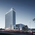 Modern Office Building With Glass Facade And Evening Lighting Surrounded By Trees And Road