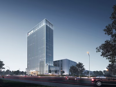 Modern Office Building With Glass Facade And Evening Lighting Surrounded By Trees And Road 3d model
