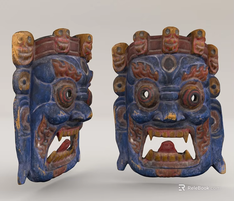Traditional Hand Carved Mask Sculptures With Vibrant Blue Red Yellow Facial Features 3d model