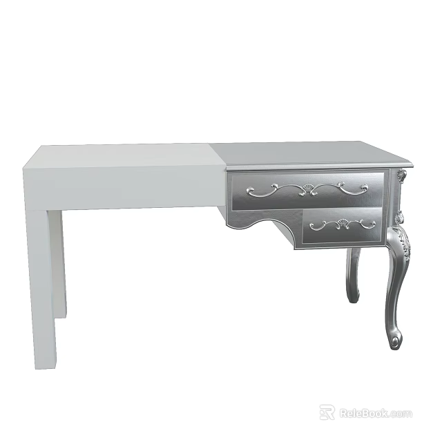 White and Silver Office Desk With Decorative Drawers And Ornate Legs 3d model 