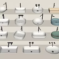 Various Modern Washbasins with Different Shapes Colors Wall Mounted Faucets Ceramic Surfaces and Wooden Tray