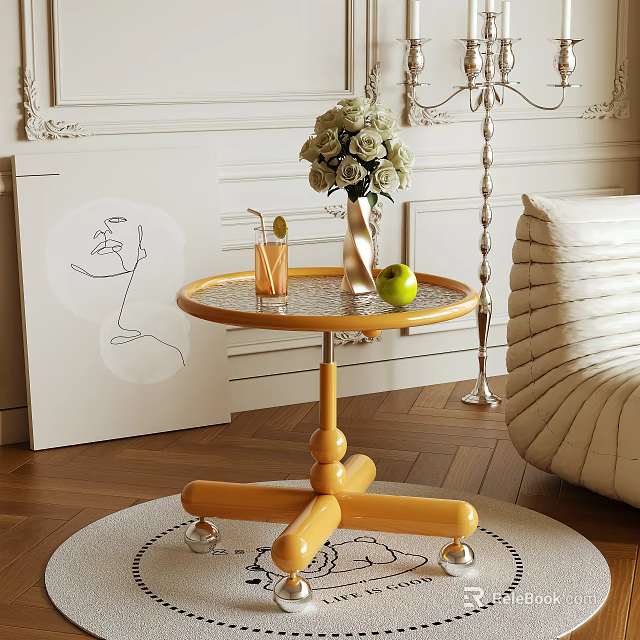 Stylish Round Glass Top Side Table with Yellow Base and Wheels in Living Room 3d model 
