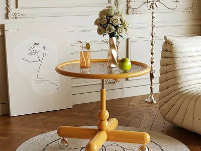 Stylish Round Glass Top Side Table with Yellow Base and Wheels in Living Room 3d model