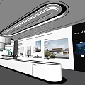 Modern Exhibition Hall Interior Design With Glass Display Counter World Map Screen And Ceiling Lighting