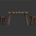 Rustic Wooden Table Set with Blue Metal Straps Rivets and Matching Stool 3d model