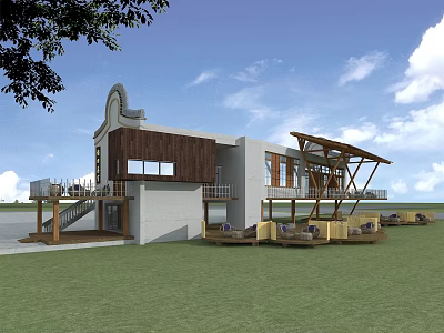 Modern Architectural Building With White And Wooden Exterior Open Terrace And Green Lawn 3d model