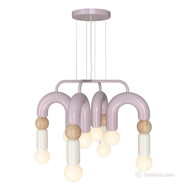 Modern Pink U Shaped Chandelier With Wooden And White Decorative Balls 3d model 