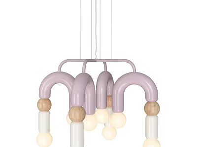 Modern Pink U Shaped Chandelier With Wooden And White Decorative Balls 3d model